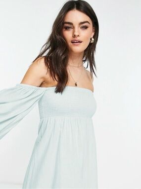 Accessorize sky blue tone Off-Shoulder Smocked Midi Dress